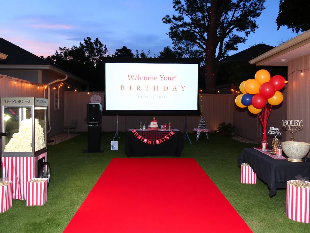 Backyard birthday premiere with a monogram marquee and personalized welcome screen