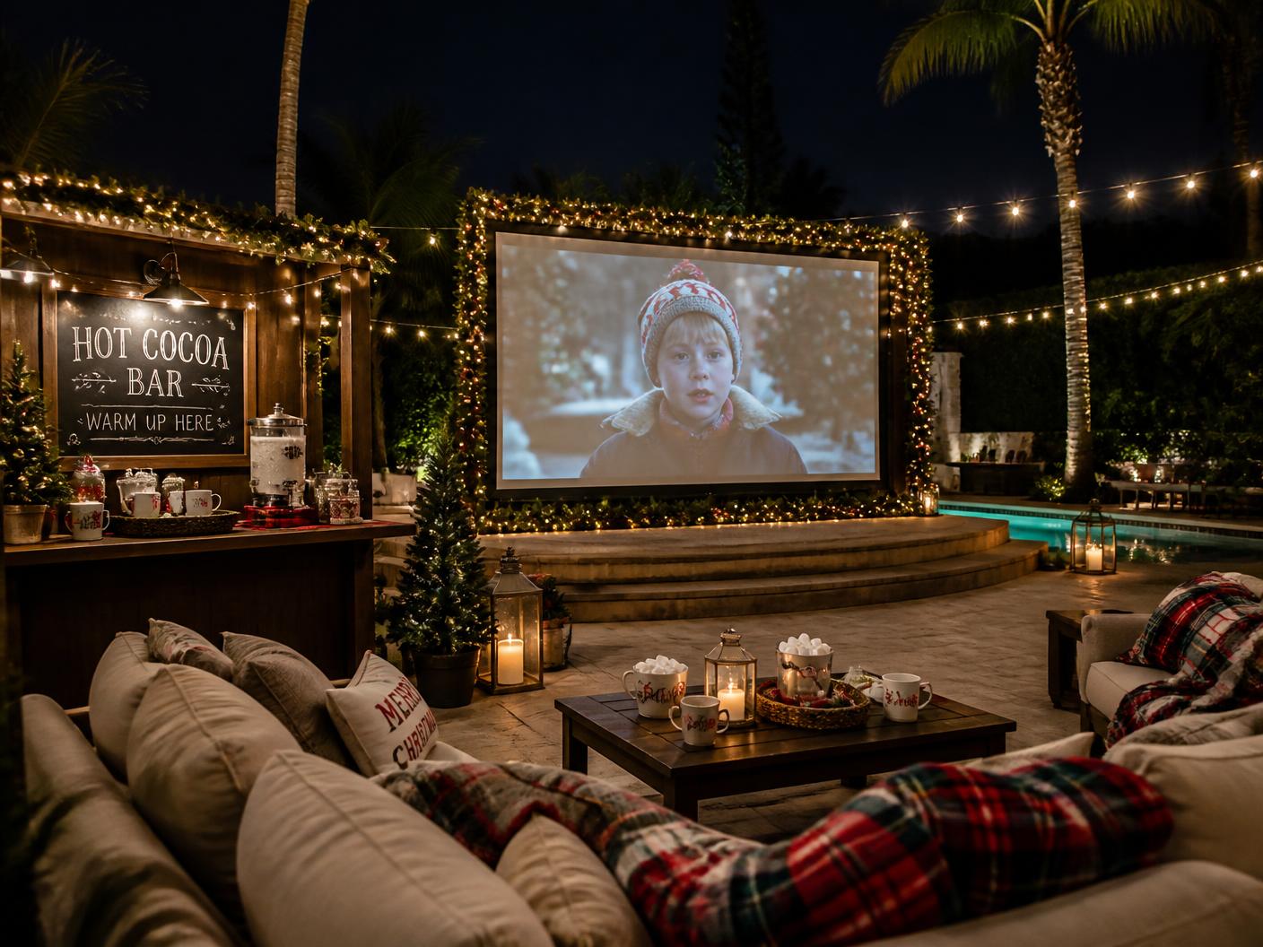 Christmas outdoor movie night with a hot cocoa bar and garland-wrapped screen