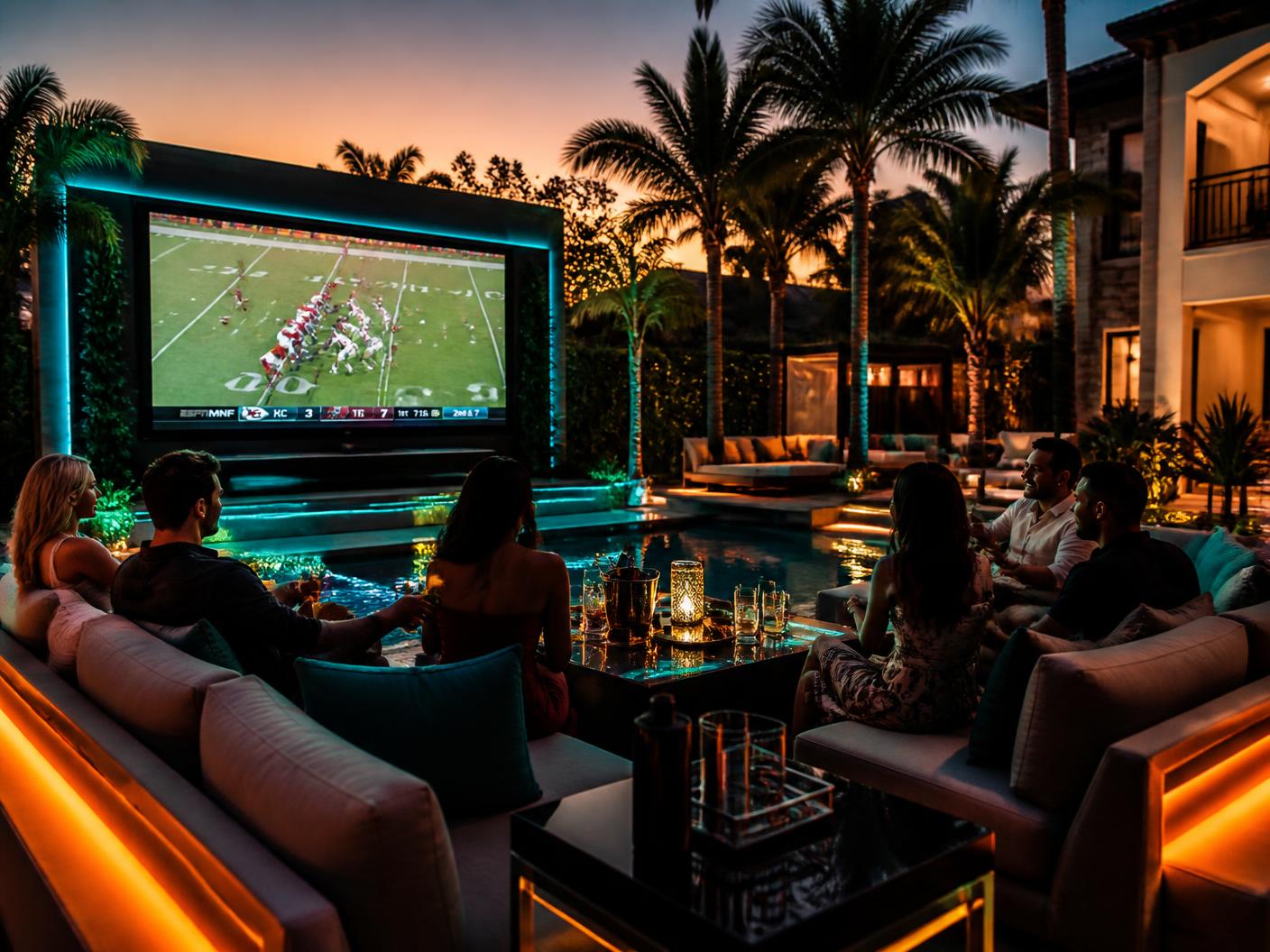 Adults on lounge sofas watching a pro football broadcast on a giant outdoor screen beside a pool