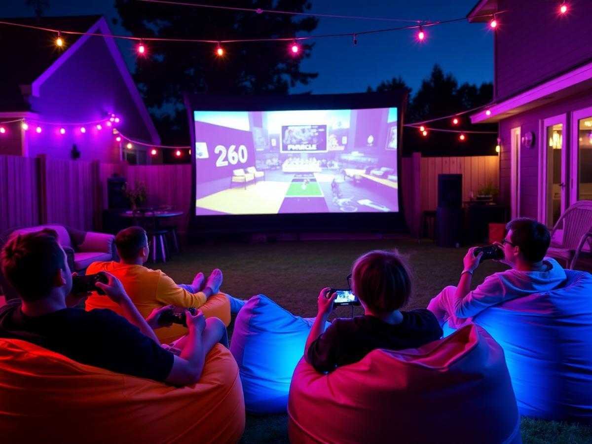 Teens playing console games on a giant outdoor screen under neon lighting at a backyard gaming party