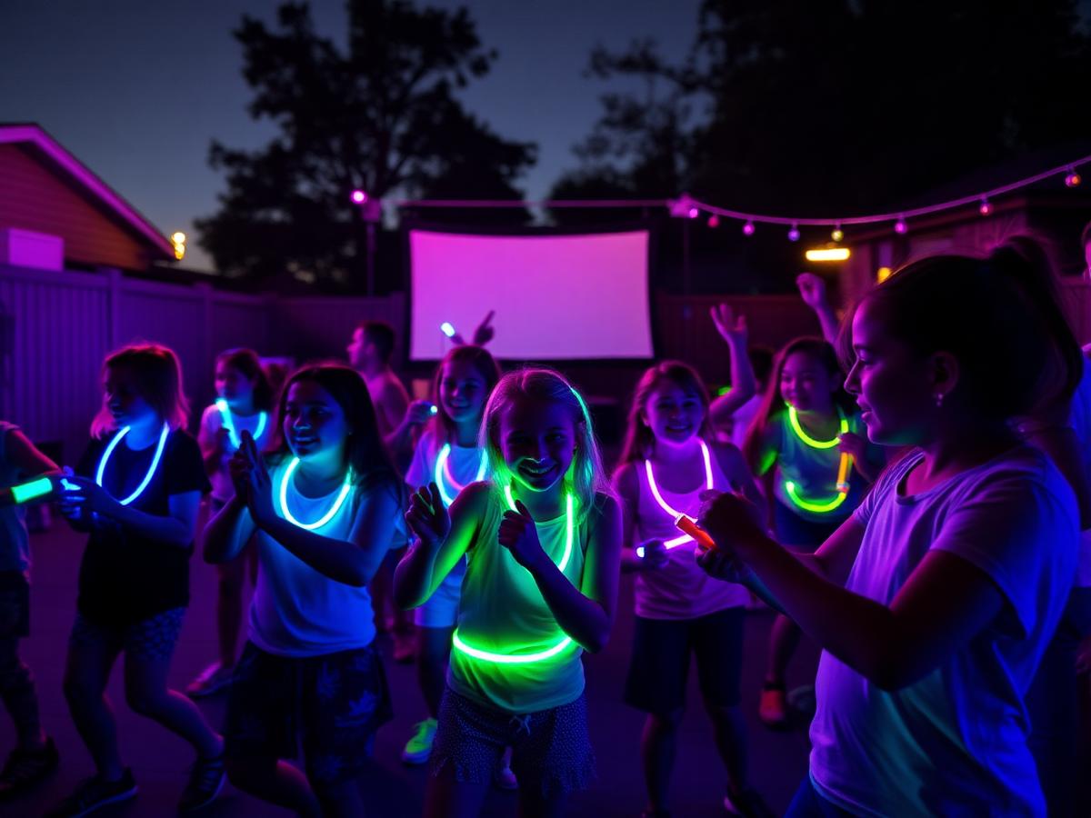 Community movie night with a large outdoor screen and neon lighting