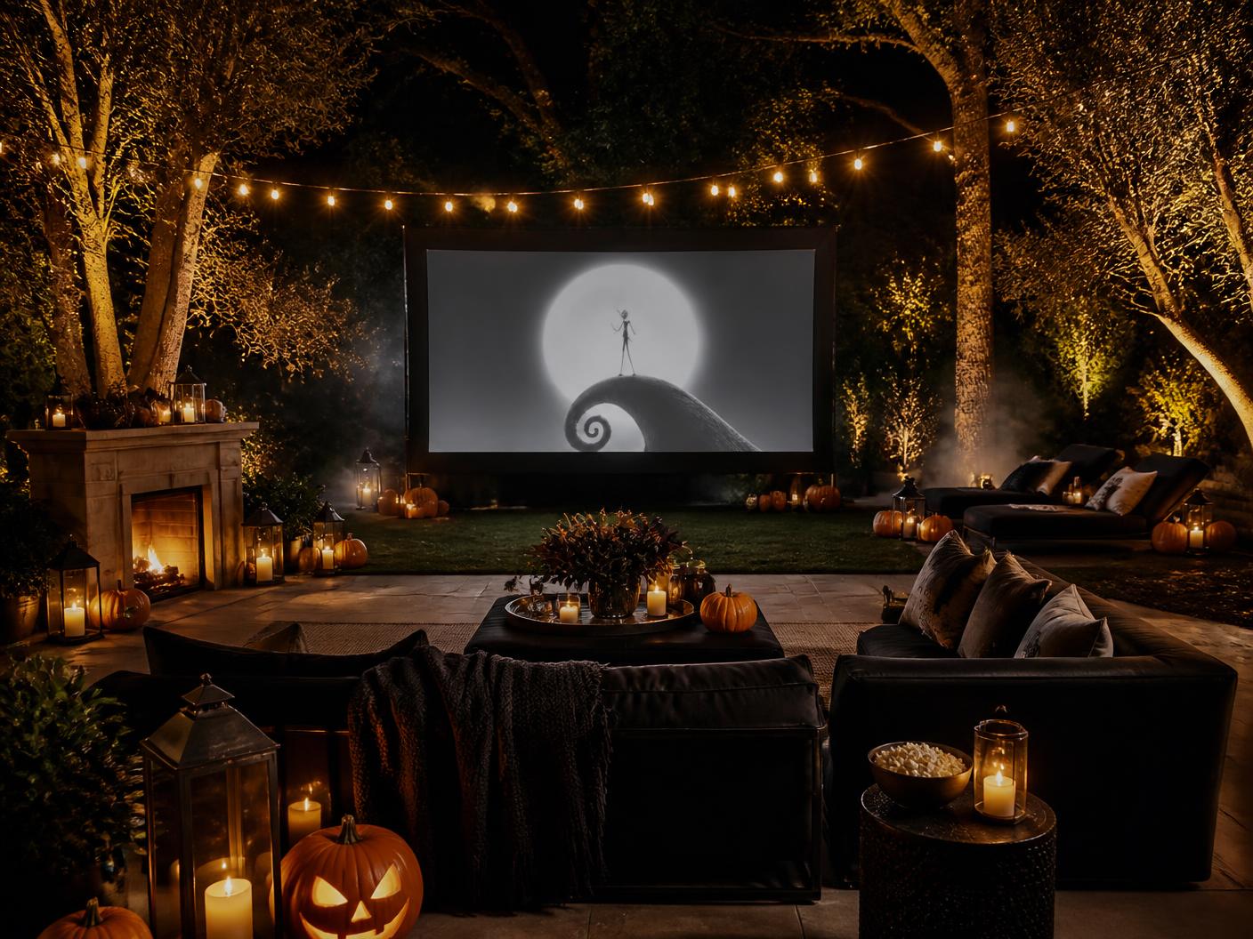 Elegant Halloween outdoor movie night with pumpkins, lanterns and fog around a giant screen