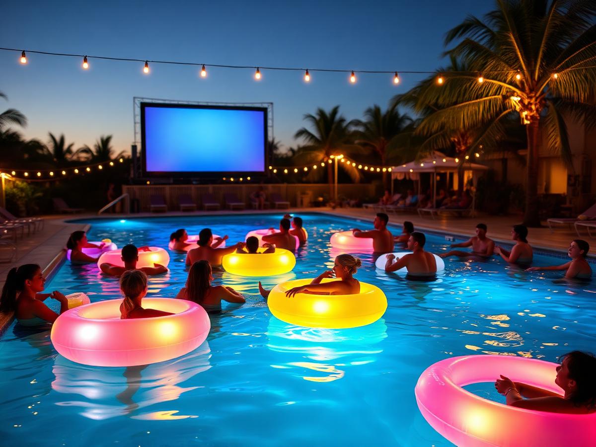 Glowing LED pool floats and an outdoor movie screen at a poolside dive-in movie night in South Florida