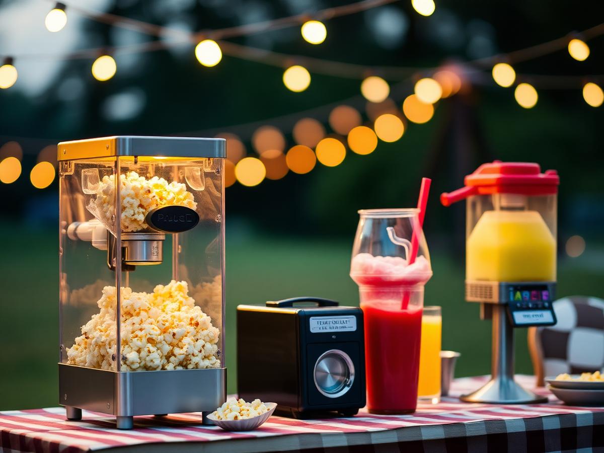 Styled concession table with cinema popcorn and glassware under warm string lights